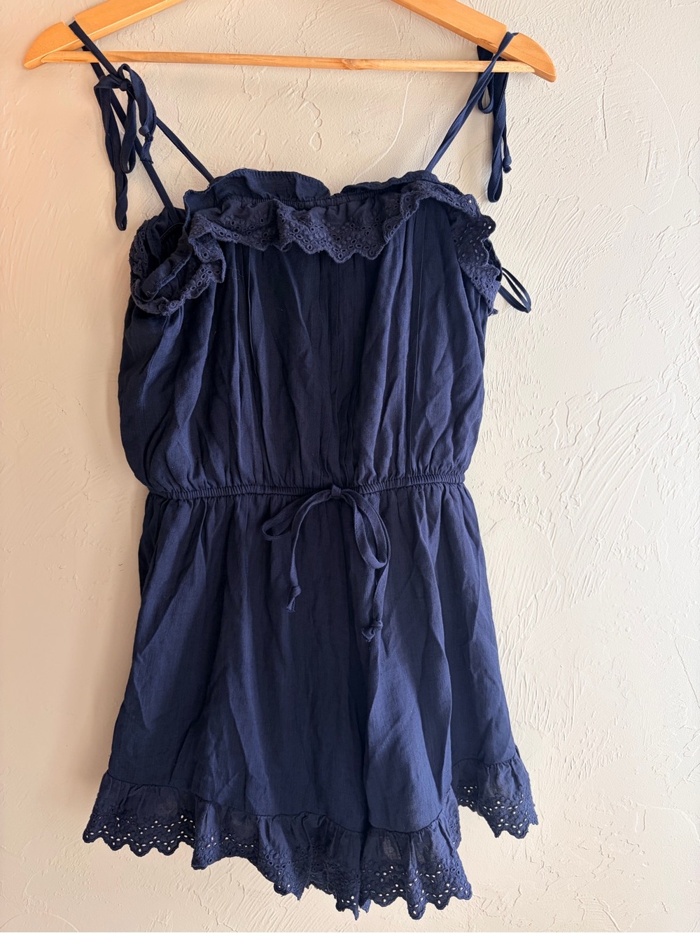 Blue Rain Navy Sleeveless Tie Strap Romper Lace Ruffle Elastic Waist S Preppy348